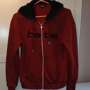 Bebe Burgundy Hoodie with Black Fur Trim